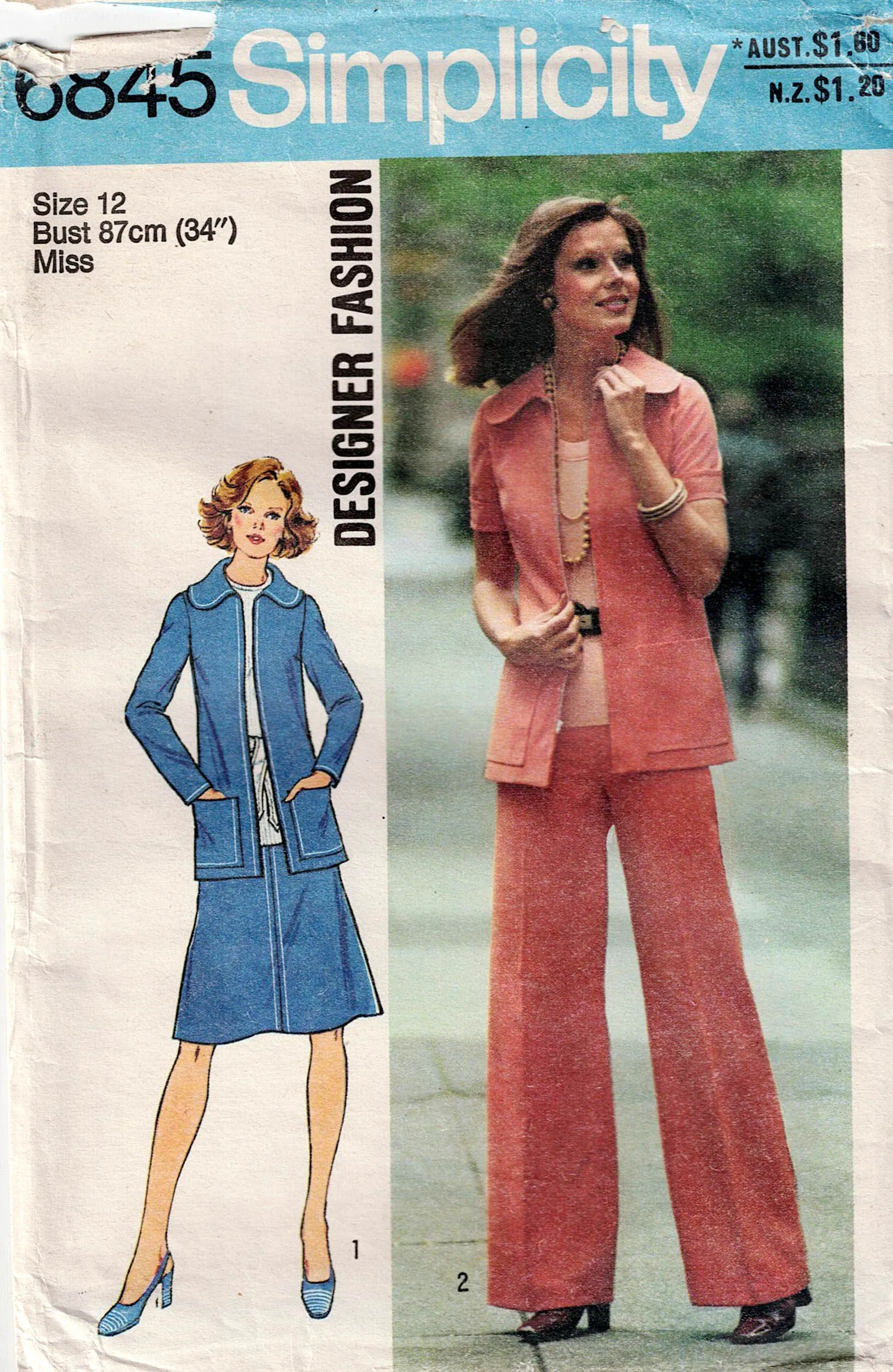 Simplicity 6845 DESIGNER Womens Wide Collar Jacket Skirt & Flared Leg Pants 1970s Vintage Sewing Pattern Size 12 Bust 34 inches