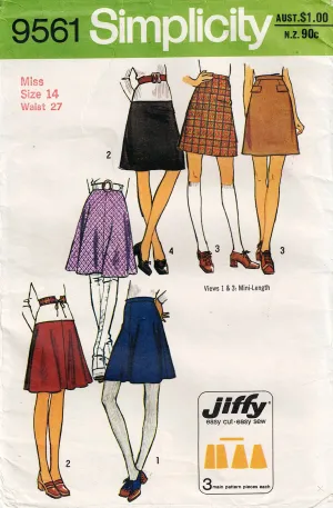 Simplicity 9561 Womens JIFFY Mini or Regular Length Skirts 1970s Vintage Sewing Pattern Multiple Sizes