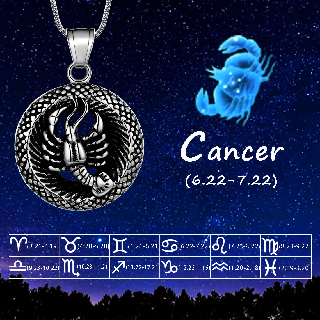 Tokyo Mart Men Zodiac Cancer Necklace Pendant Star Sign Constellation Jewelry Women Boys Girls Birthday Gift