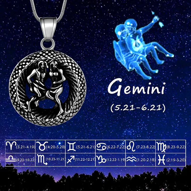 Tokyo Mart Men Zodiac Gemini Necklace Pendant Star Sign Constellation Jewelry Women Boys Girls Birthday Gift