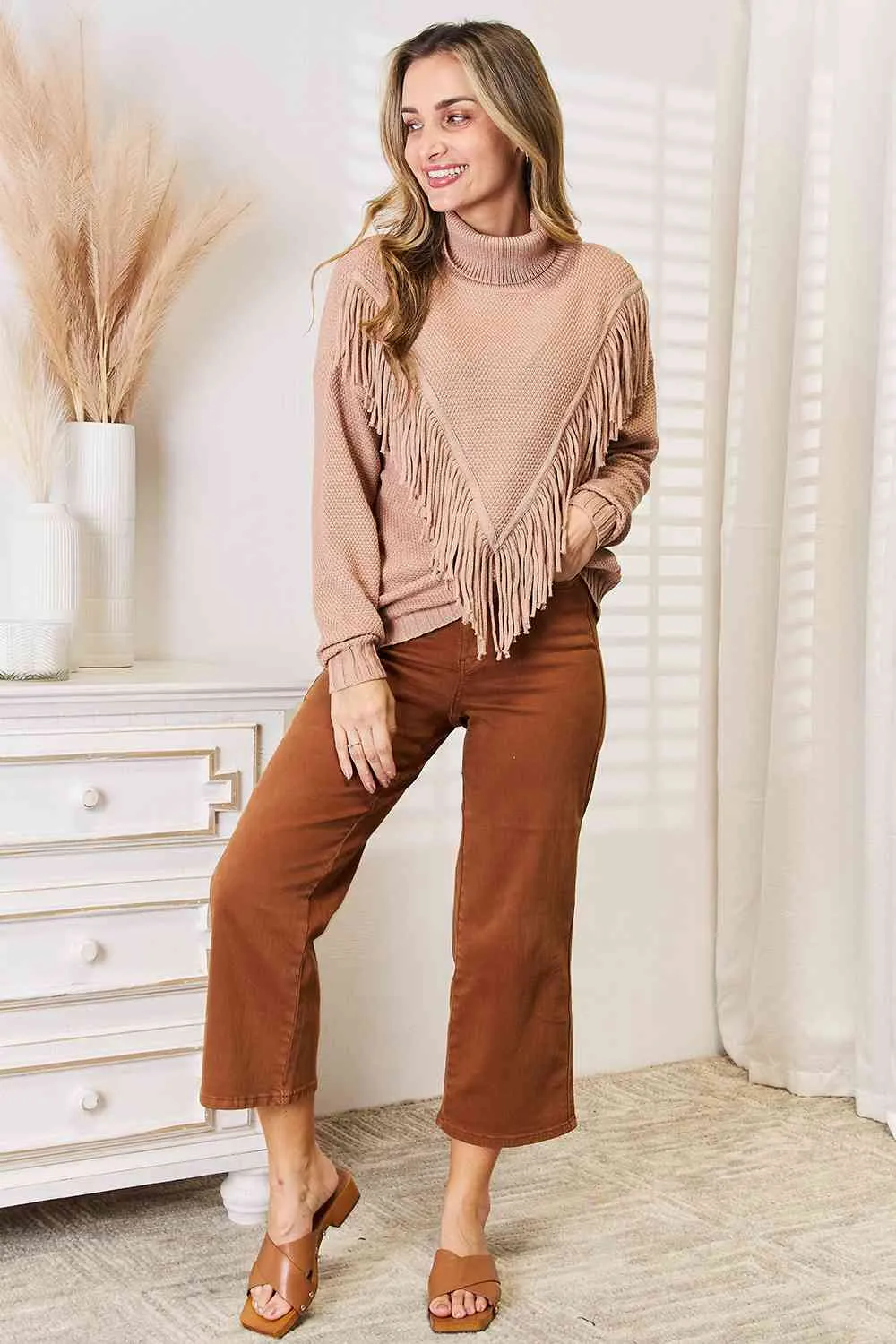 Turtleneck Fringe Front Long Sleeve Sweater