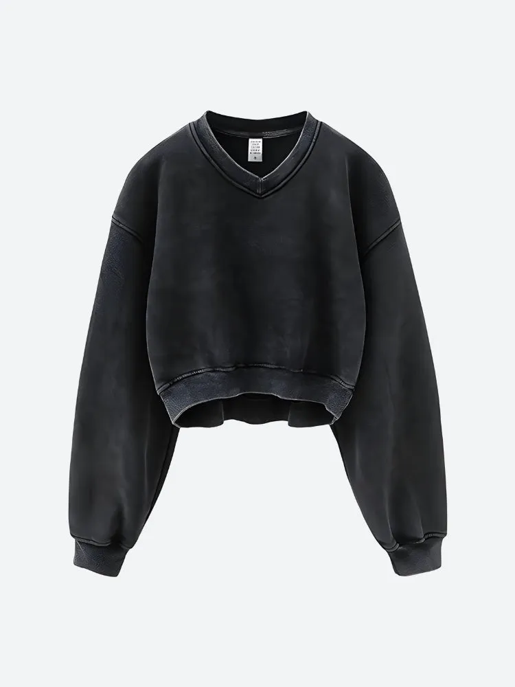 V-Neck Drop Shoulder Cropped Sweatshirt