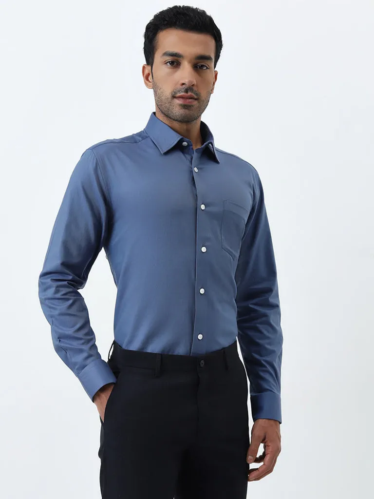 WES Formals Blue Relaxed-Fit Cotton Shirt