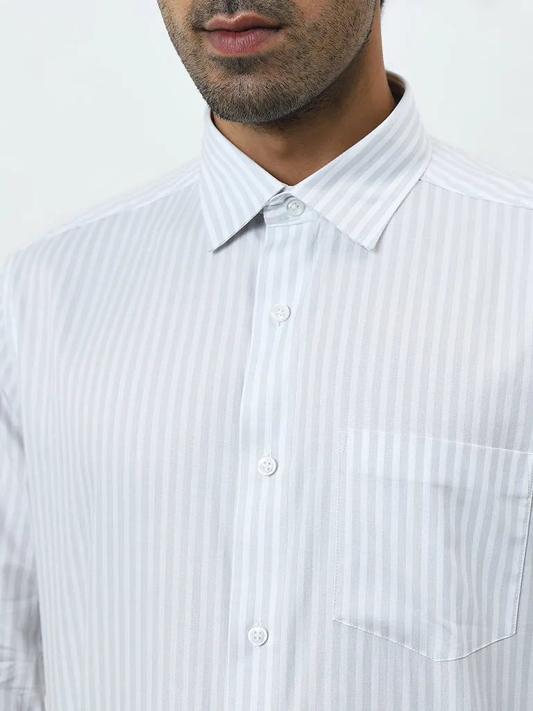 WES Formals Grey Striped Relaxed-Fit Cotton Shirt