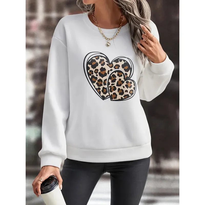 Women Trendy Casual Leopard Heart Graphic Print Streetwear Y2K Sweatshirts Female Autumn Fashion Loose Long Sleeve Pullover Tops