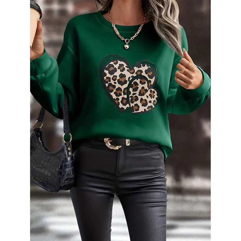 Women Trendy Casual Leopard Heart Graphic Print Streetwear Y2K Sweatshirts Female Autumn Fashion Loose Long Sleeve Pullover Tops