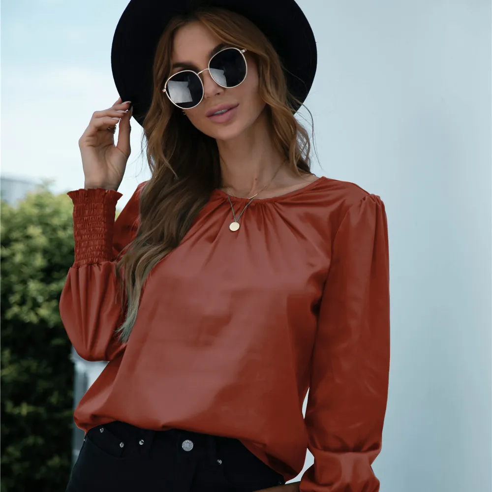 Women's Solid Elegant Round Neck Long Sleeve Work Office Blouse Top