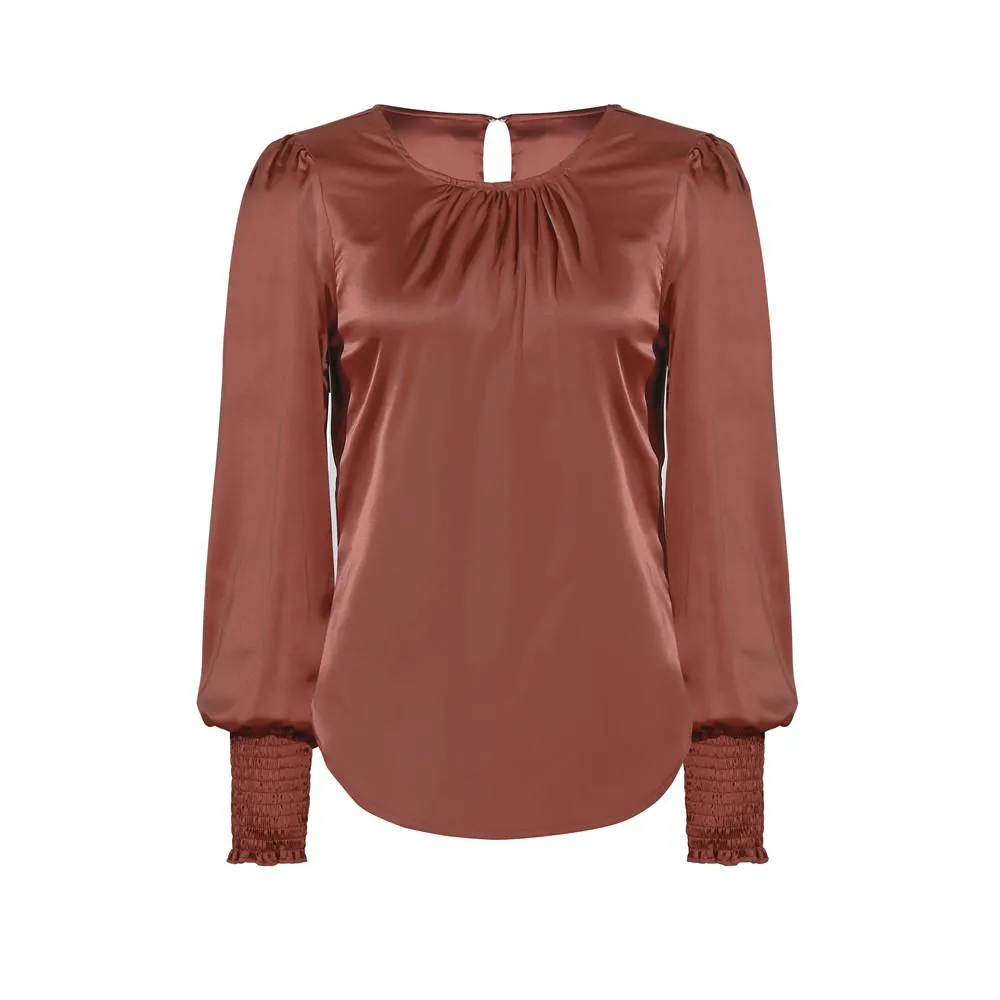 Women's Solid Elegant Round Neck Long Sleeve Work Office Blouse Top