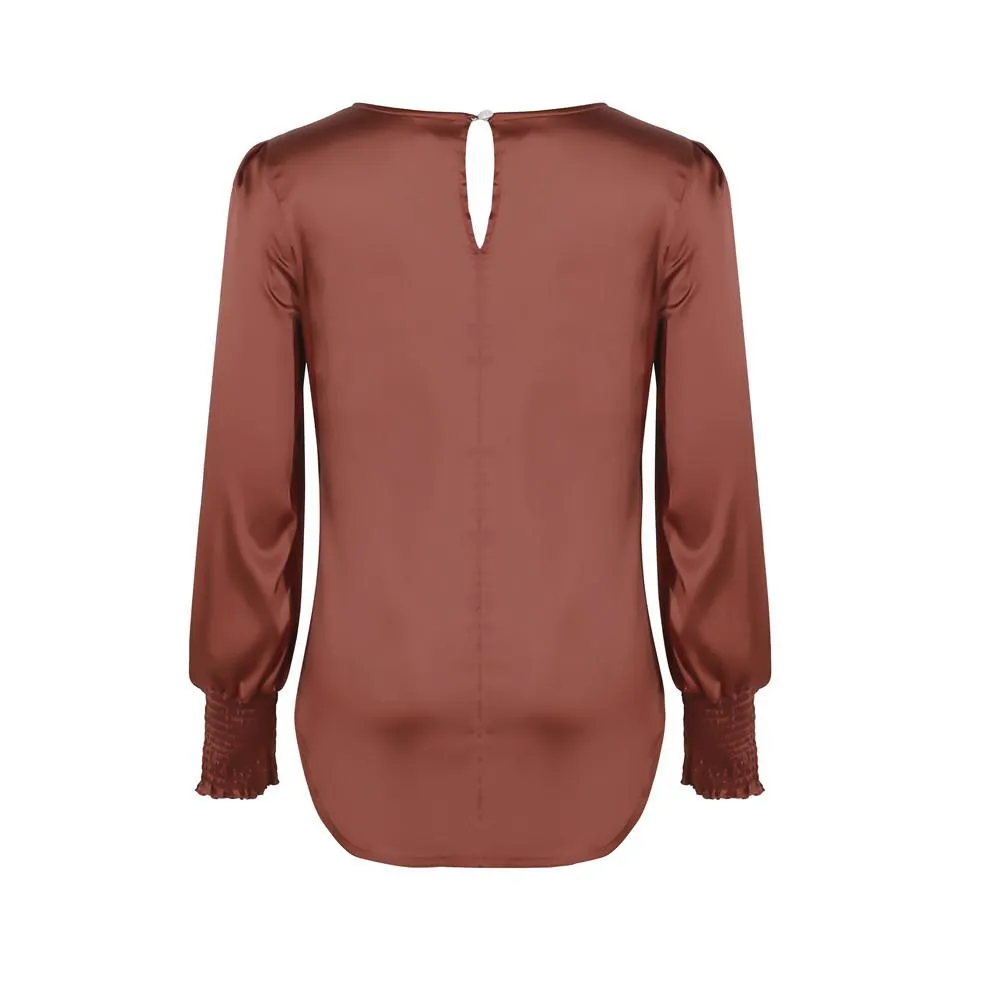 Women's Solid Elegant Round Neck Long Sleeve Work Office Blouse Top