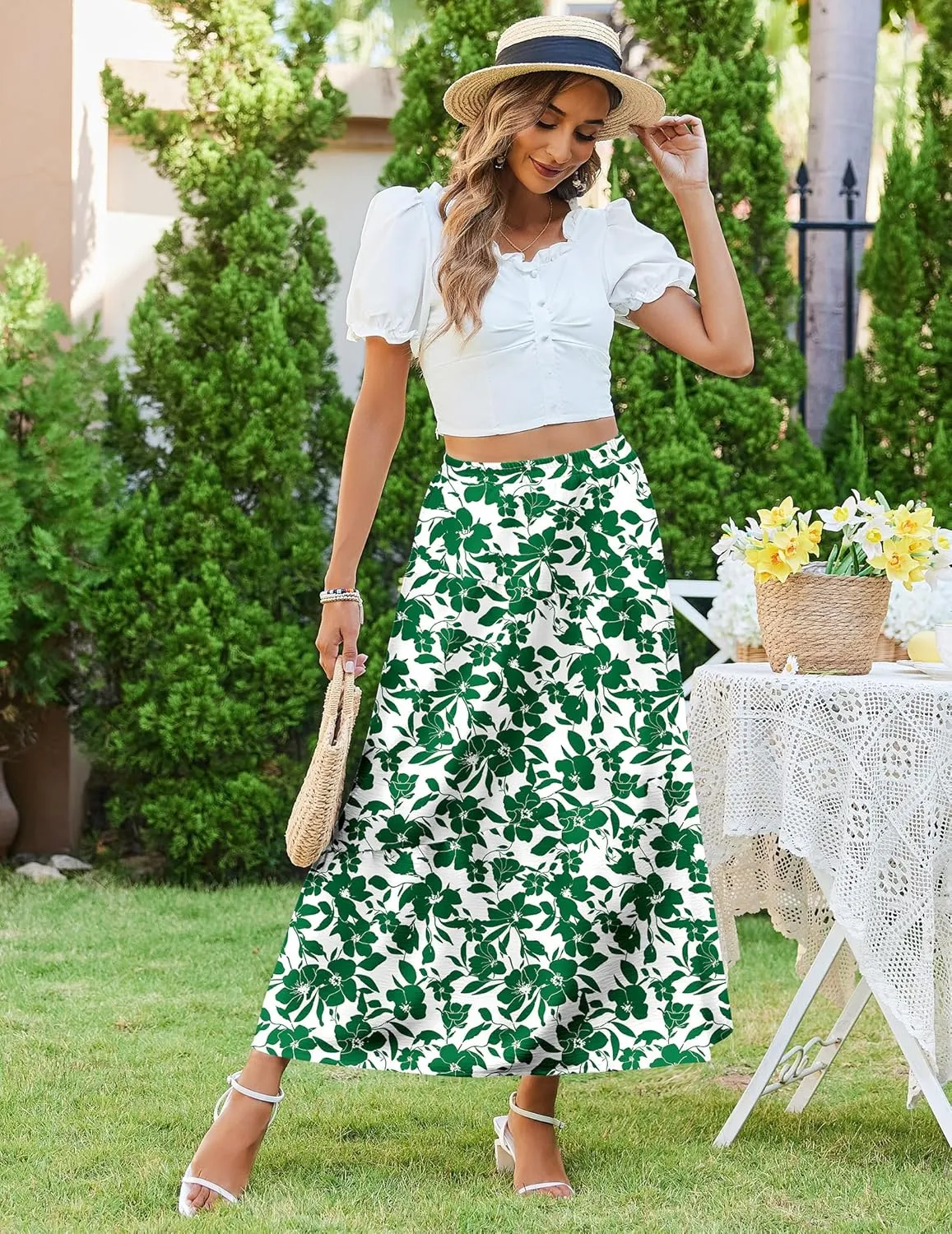 Zeagoo Maxi Skirts Boho Pleated A-Line Flowy Swing Skirt