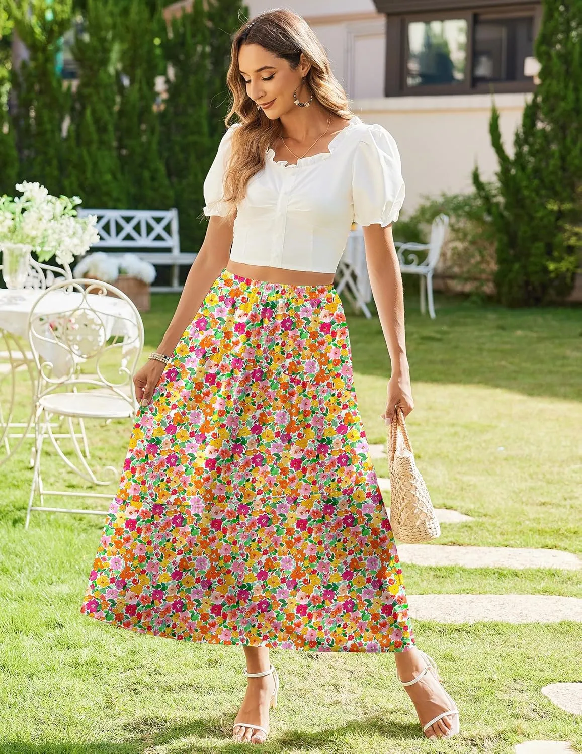 Zeagoo Maxi Skirts Boho Pleated A-Line Flowy Swing Skirt