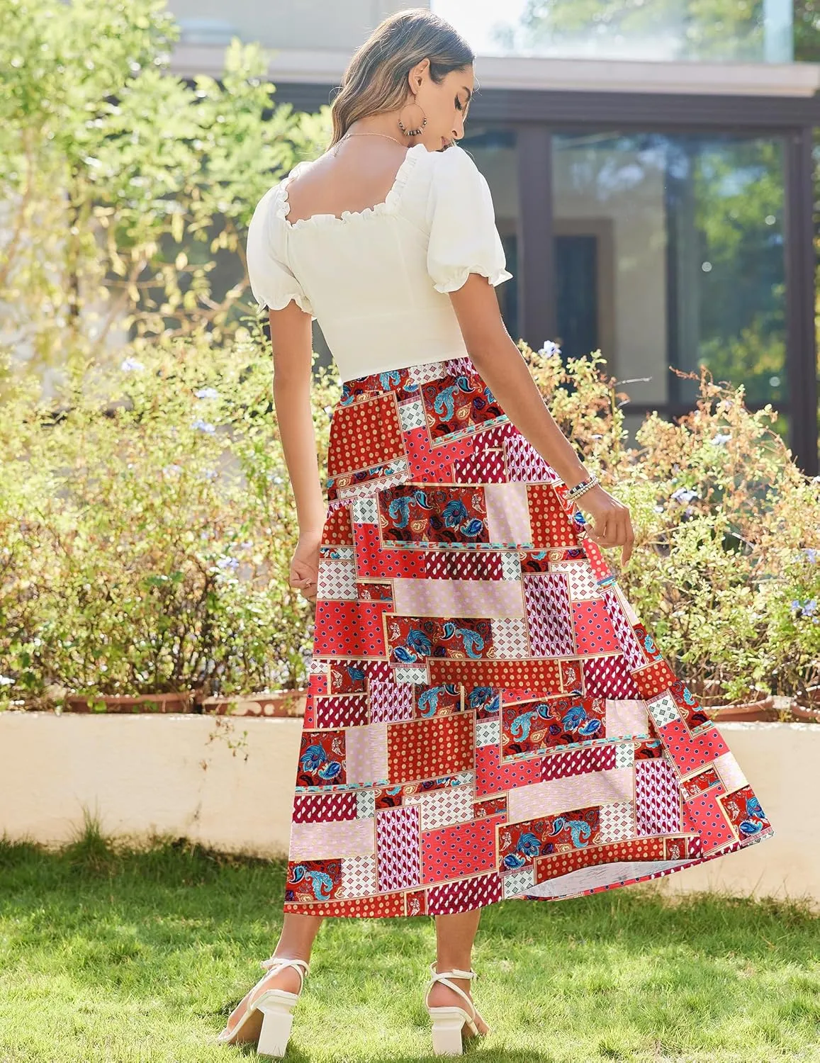 Zeagoo Maxi Skirts Boho Pleated A-Line Flowy Swing Skirt