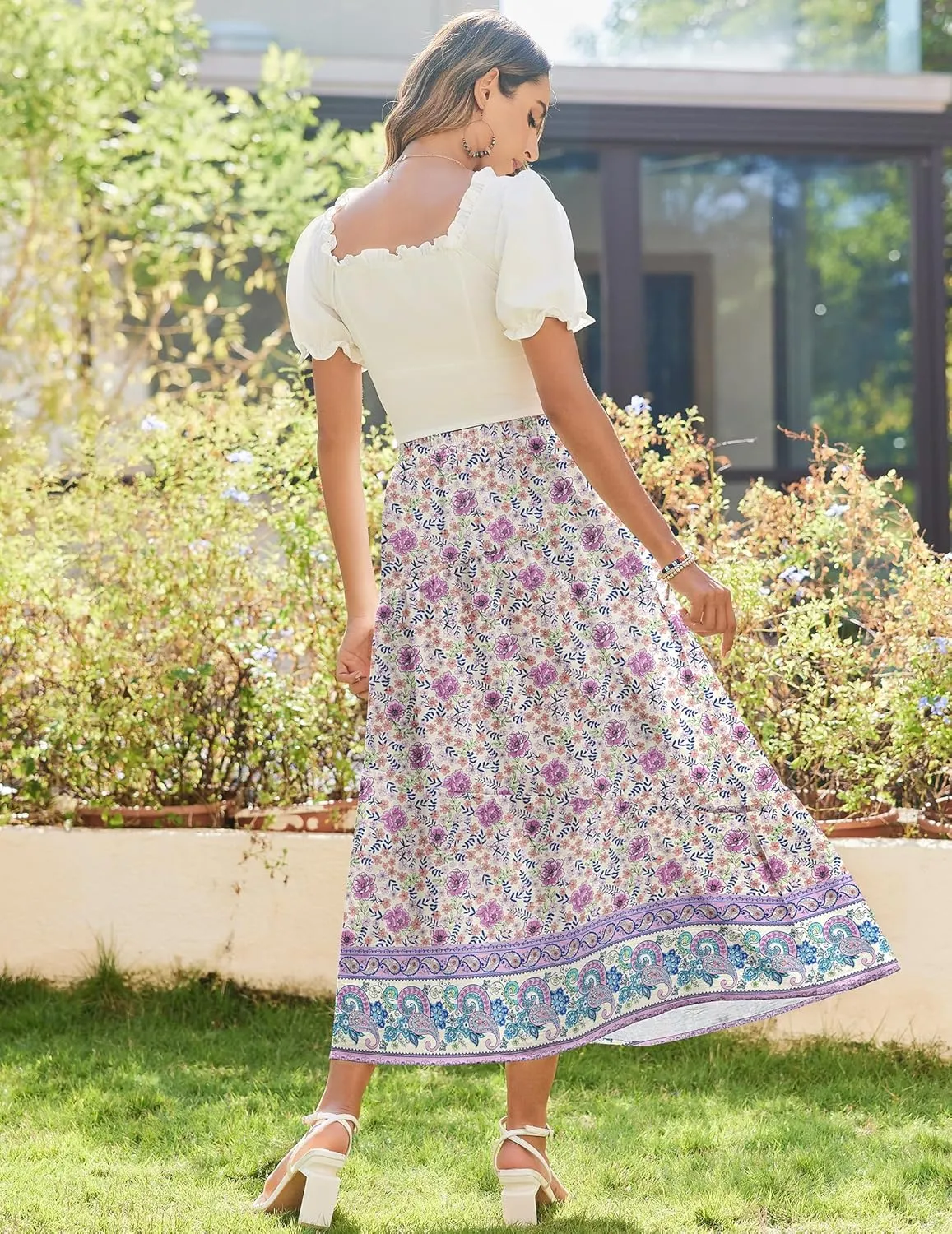 Zeagoo Maxi Skirts Boho Pleated A-Line Flowy Swing Skirt