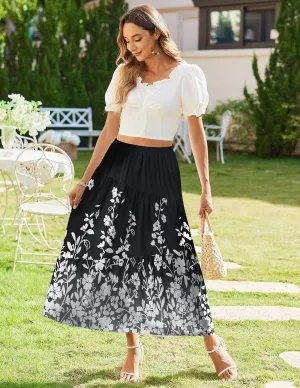 Zeagoo Maxi Skirts Boho Pleated A-Line Flowy Swing Skirt