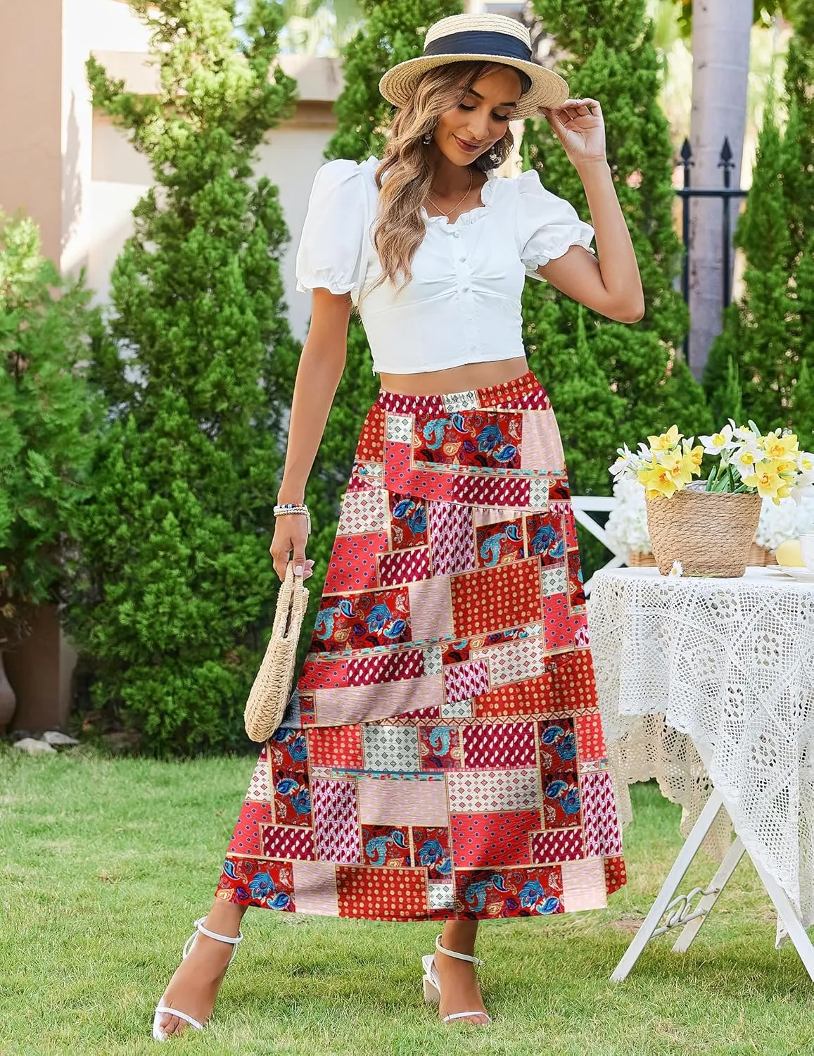 Zeagoo Maxi Skirts Boho Pleated A-Line Flowy Swing Skirt