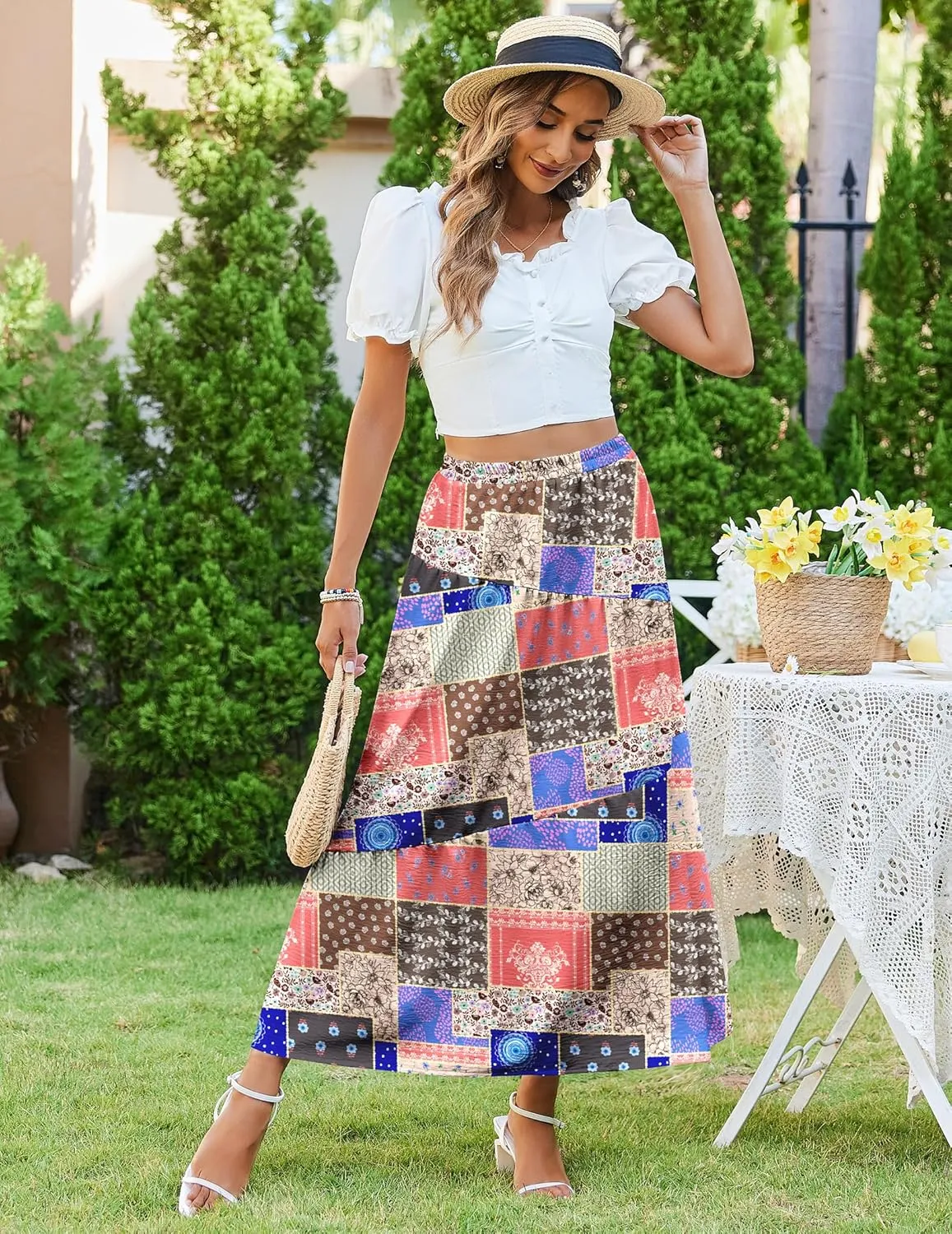 Zeagoo Maxi Skirts Boho Pleated A-Line Flowy Swing Skirt