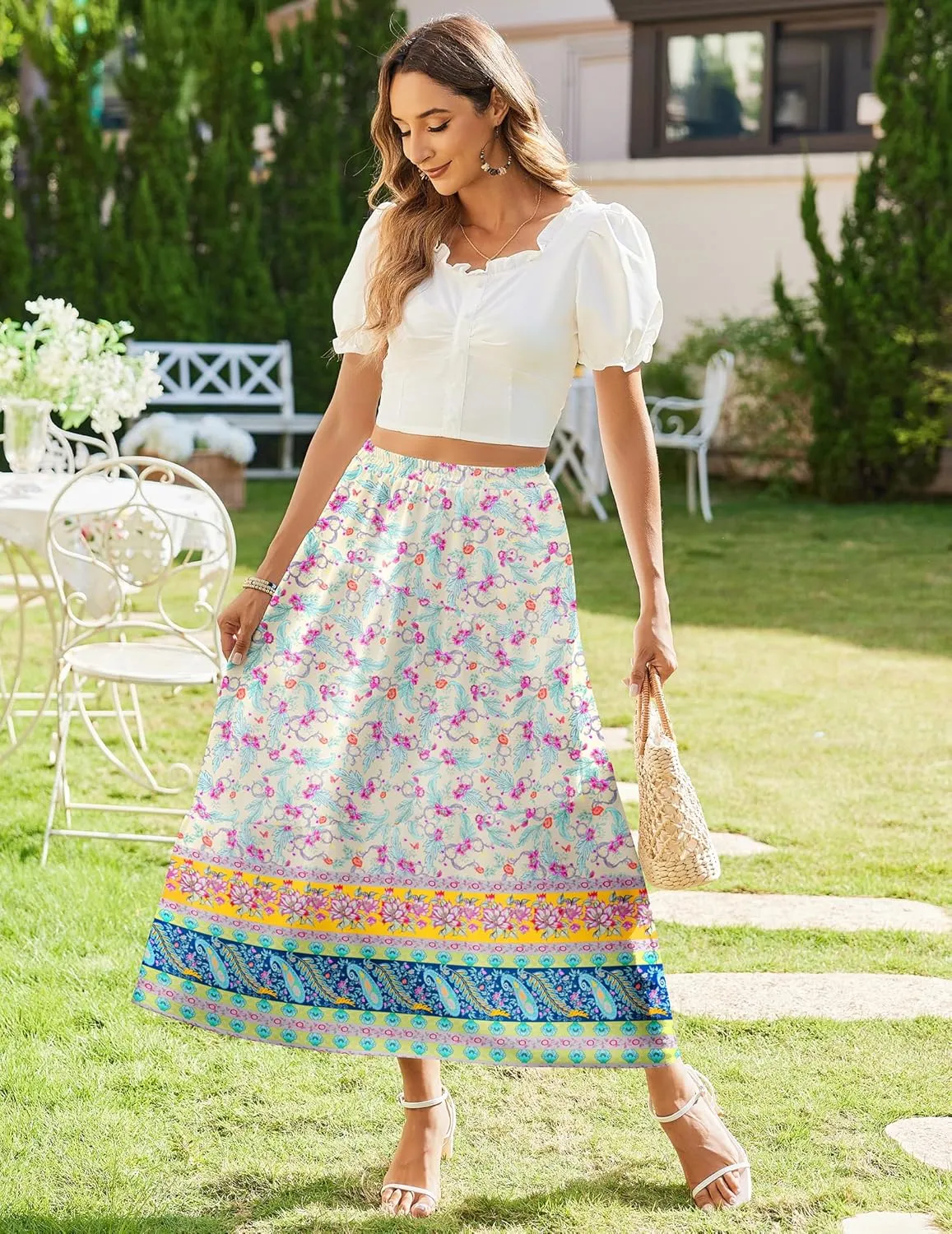 Zeagoo Maxi Skirts Boho Pleated A-Line Flowy Swing Skirt