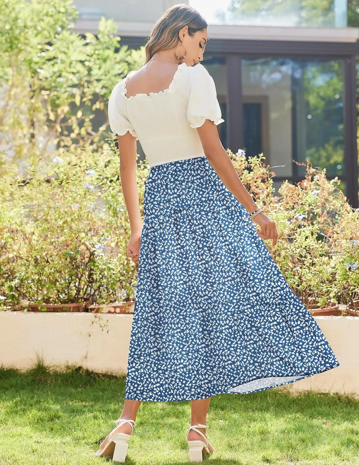 Zeagoo Maxi Skirts Boho Pleated A-Line Flowy Swing Skirt