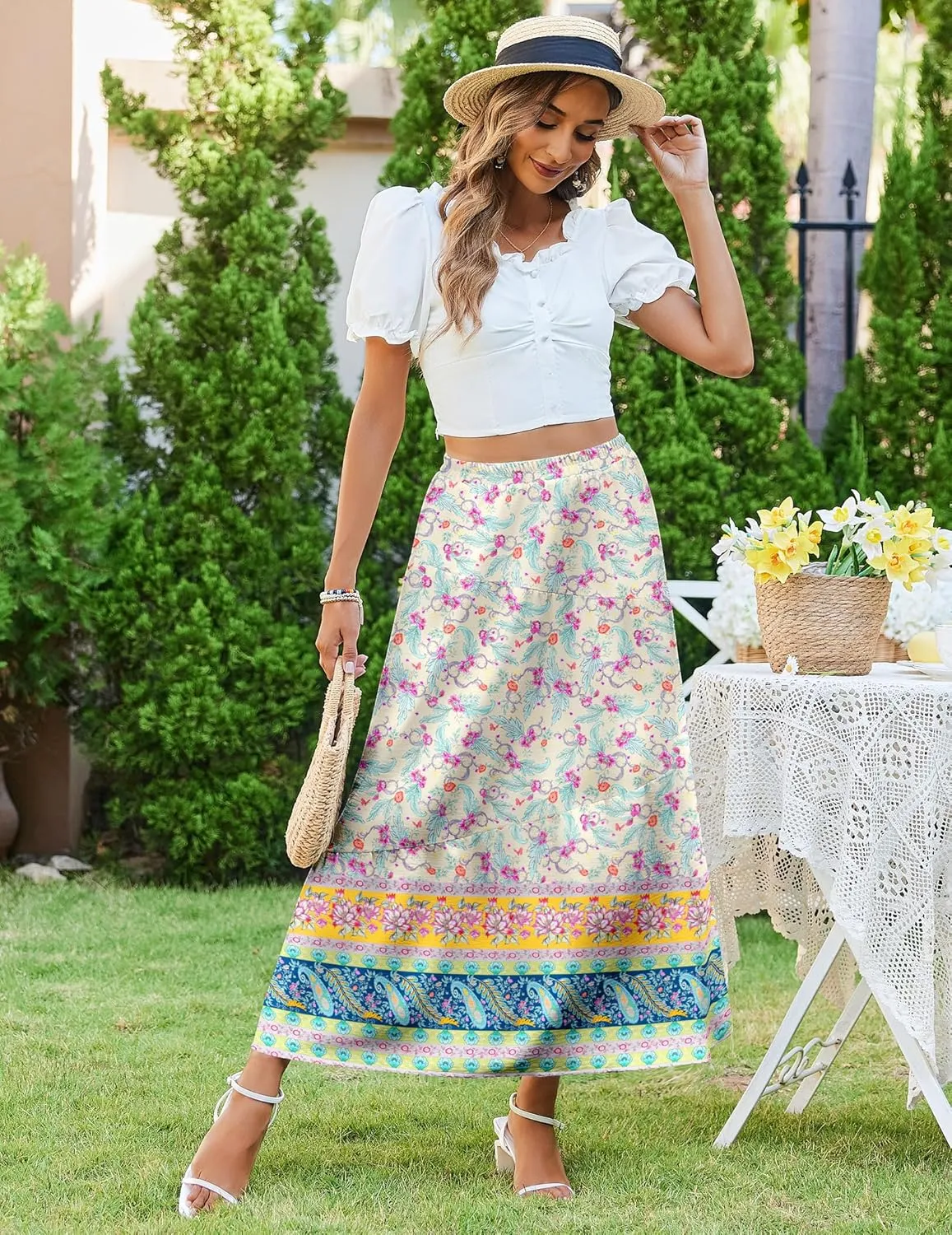 Zeagoo Maxi Skirts Boho Pleated A-Line Flowy Swing Skirt